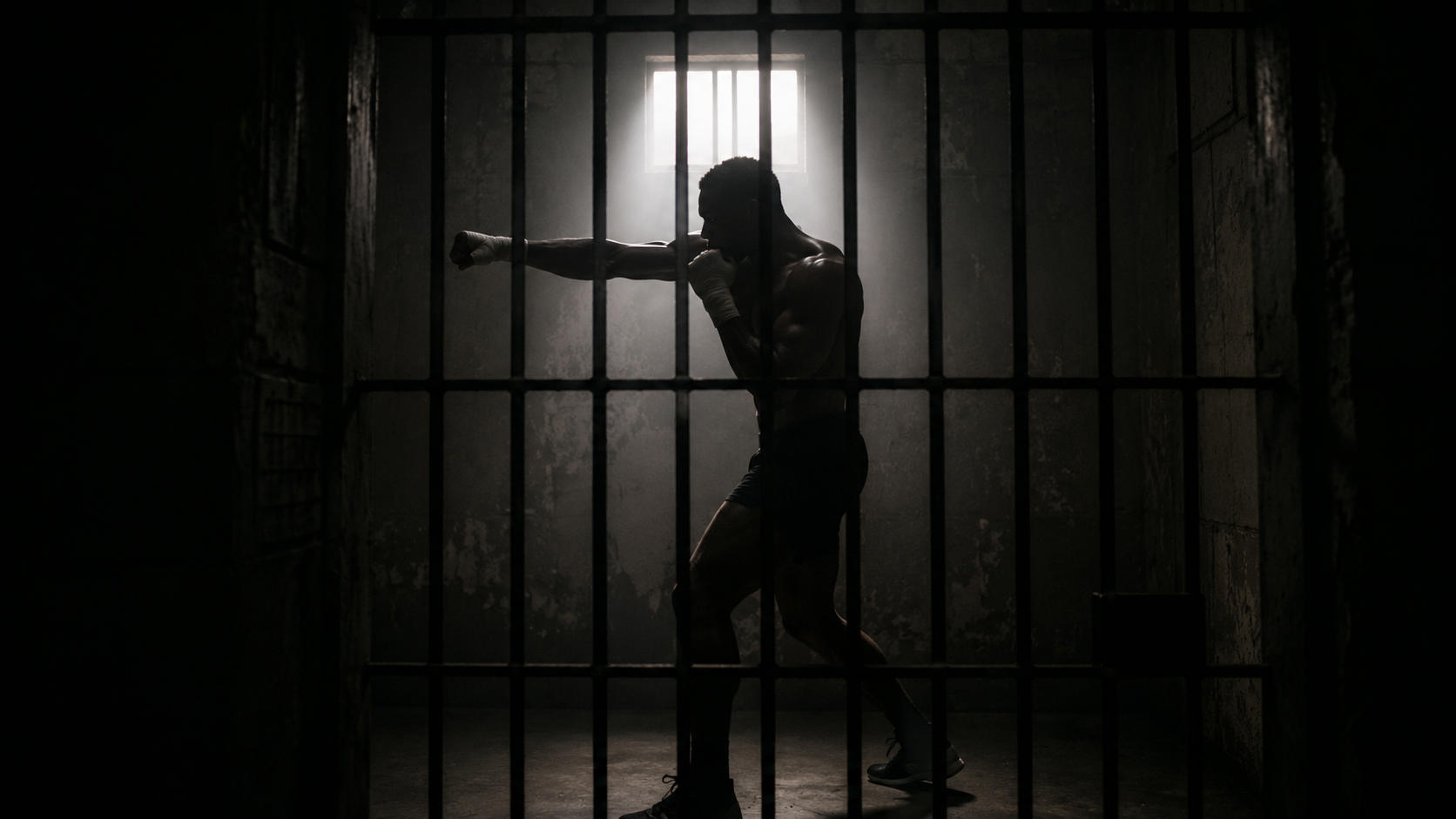 Silhouette de boxeur qui s’entraîne dans l’ombre, ambiance sombre réaliste